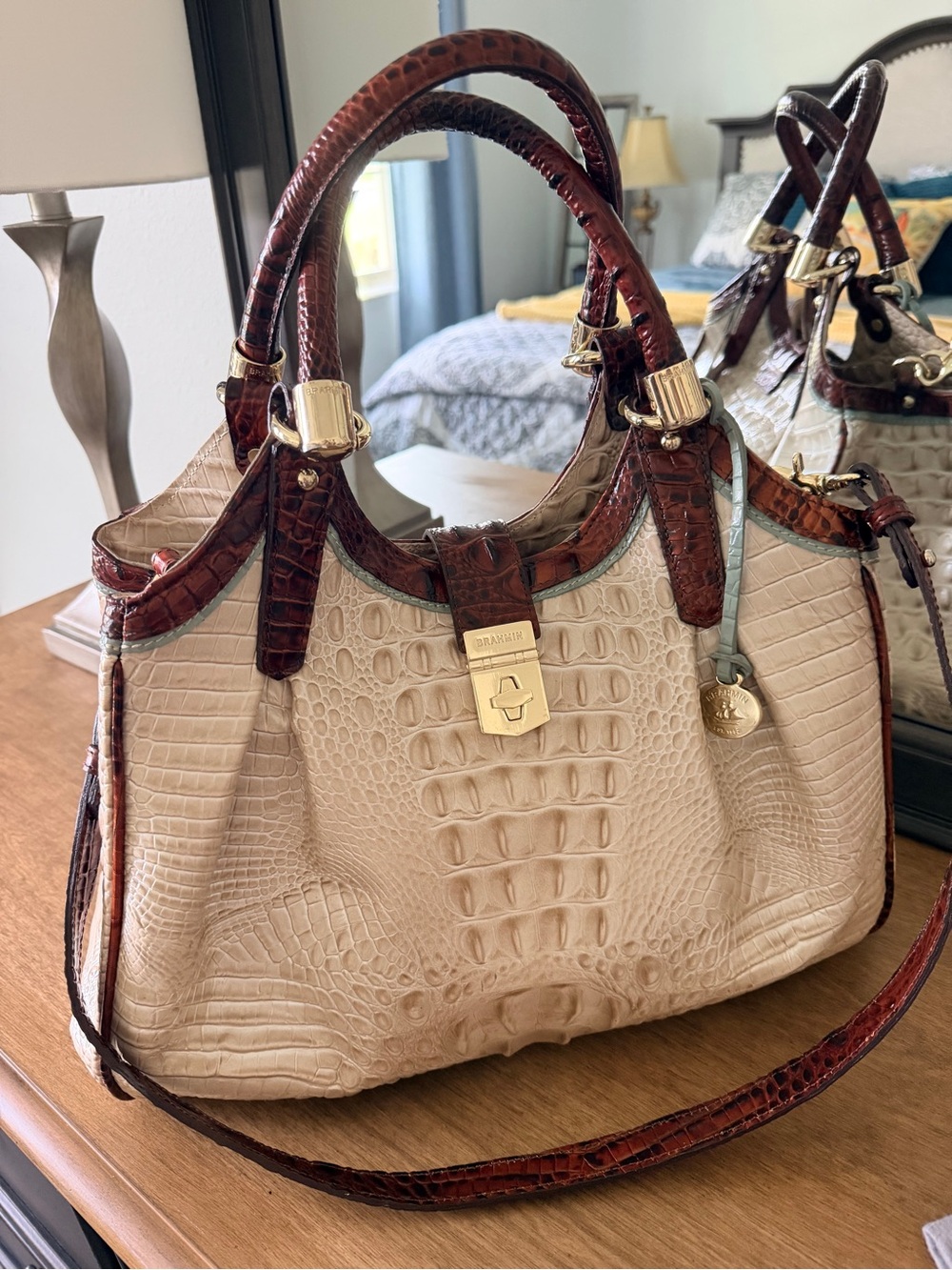 NWT Brahmin Elisa Linen Croc-Embossed Leather Satchel - Picture 10 of 10